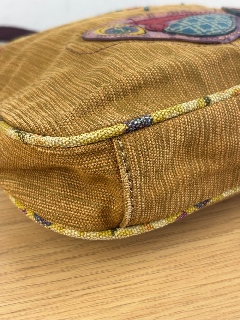 Y2K Fossil Mustard Canvas Purple Leather Patchwork Butterfly Accents Crossbody - Picture 9 of 10